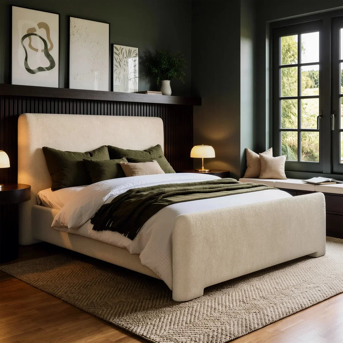 Beige Upholstered King Size Ottoman Bed with Soft Curved Headboard and Footboard - Althea – image 1