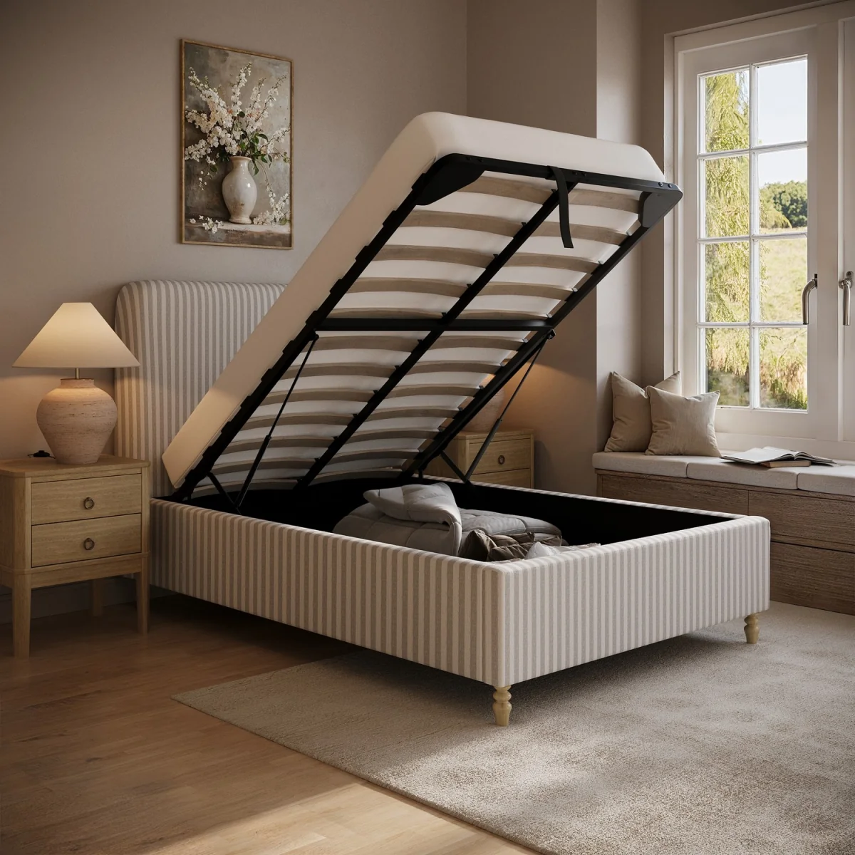 Beige Striped Upholstered Small Double Ottoman Bed with Curved Headboard - Farrow – image 2