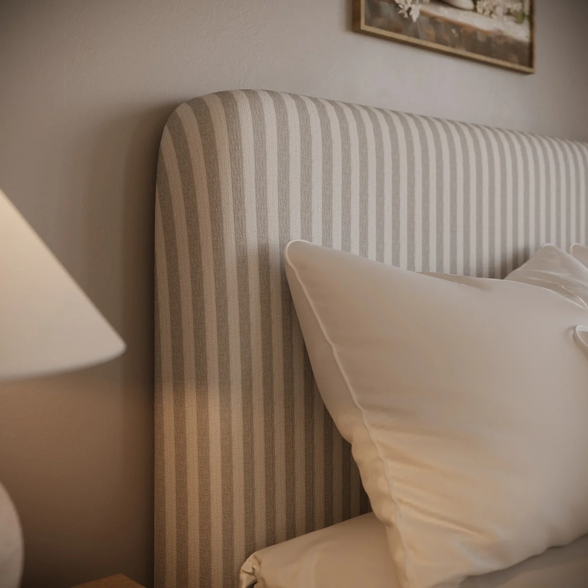 Beige Striped Upholstered Small Double Ottoman Bed with Curved Headboard - Farrow – image 4