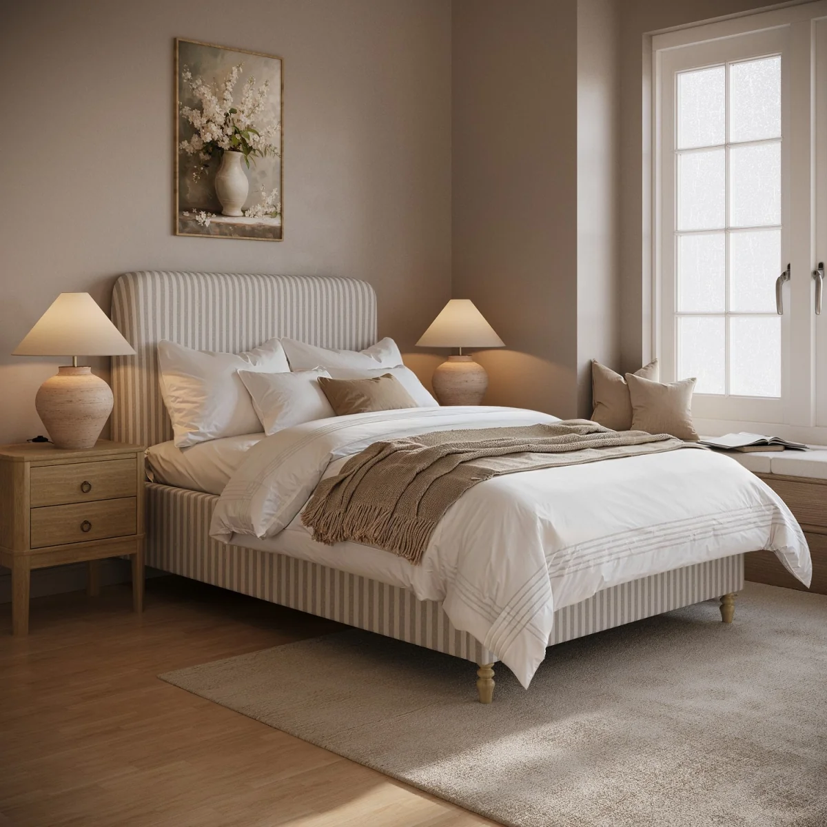 Beige Striped Upholstered Small Double Ottoman Bed with Curved Headboard - Farrow – image 1