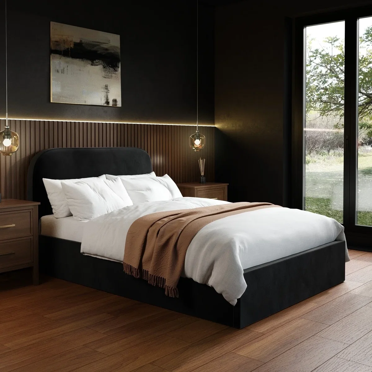 Black Velvet Upholstered Small Double Ottoman Bed with Curved Headboard - Zara – image 1
