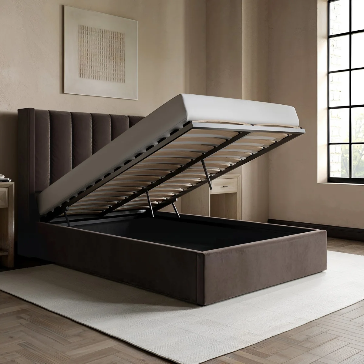 Chocolate Brown Velvet Small Double Ottoman Bed With Winged Headboard - Maddox – image 2