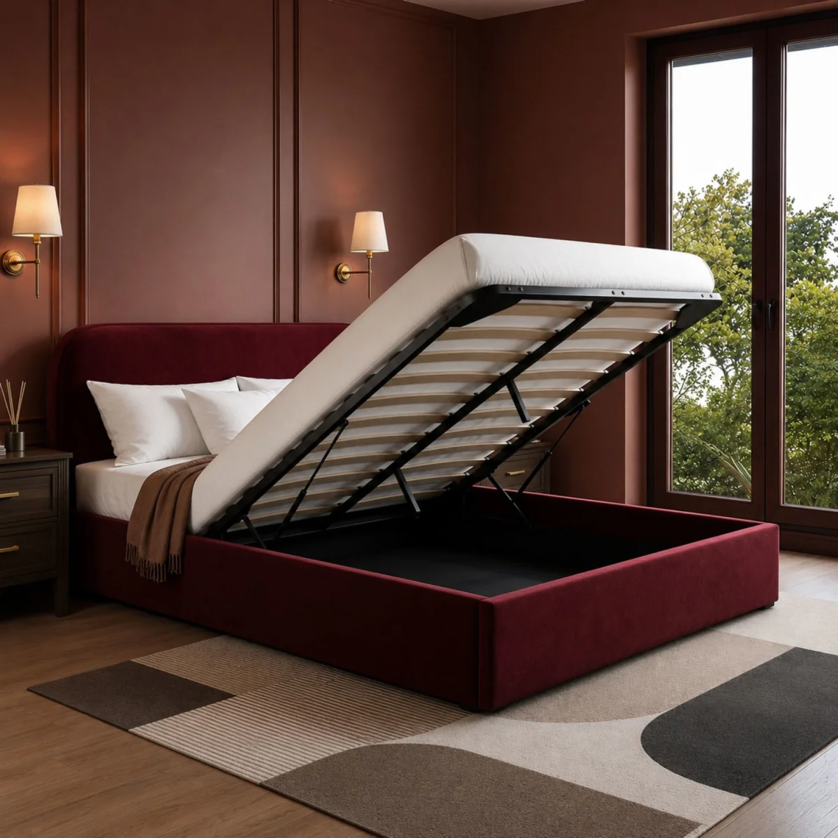 Burgundy Velvet Upholstered King Size Ottoman Bed with Curved Headboard - Zara – image 2