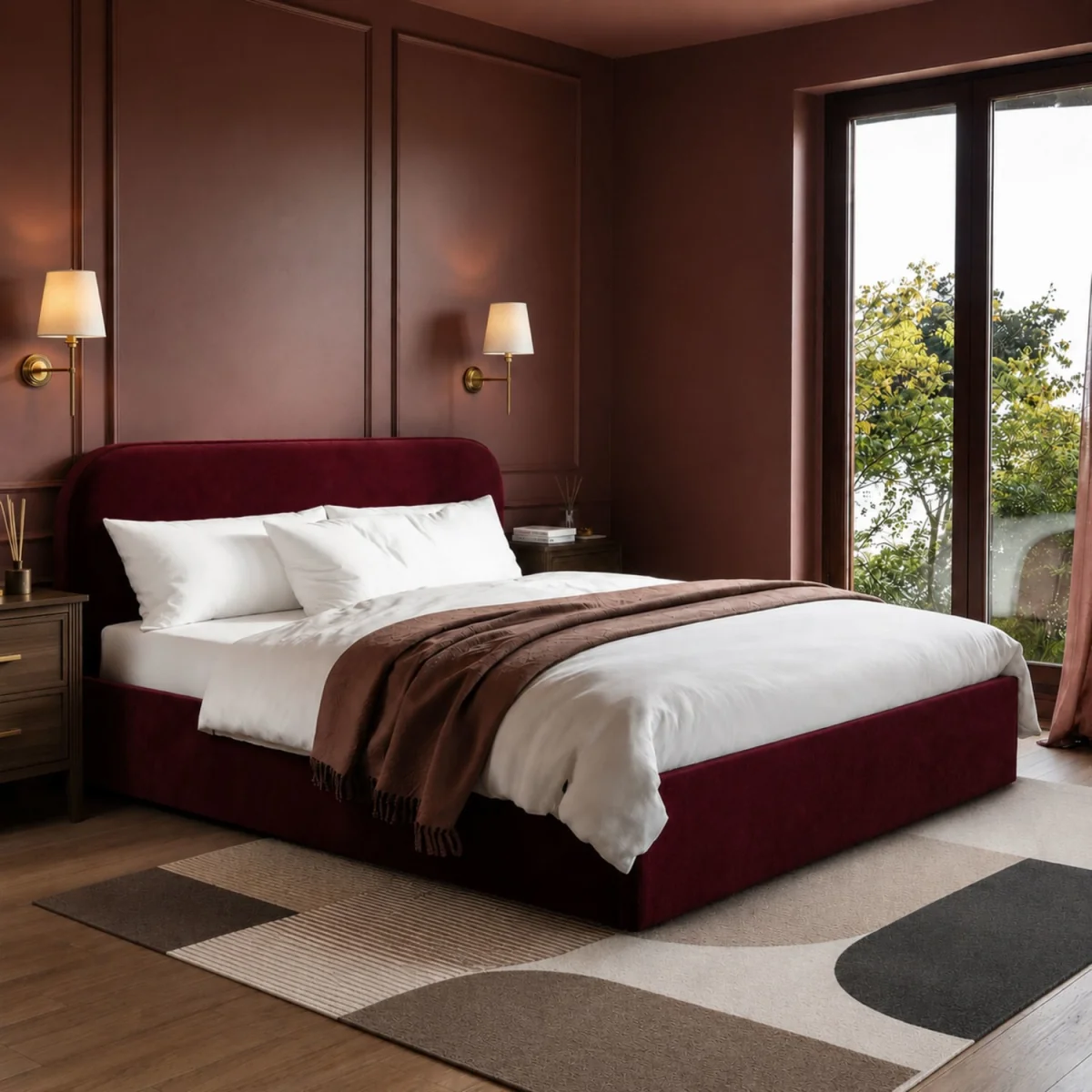 Burgundy Velvet Upholstered King Size Ottoman Bed with Curved Headboard - Zara – image 1