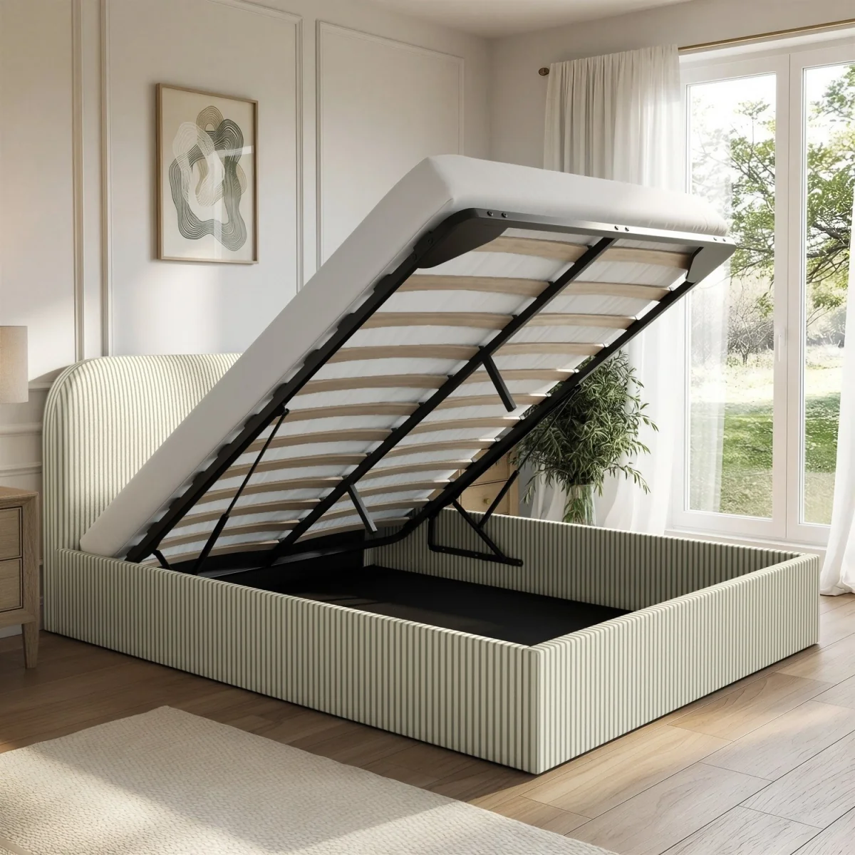 Cream and Green Striped King Size Ottoman Bed With Curved Headboard - Zara – image 2
