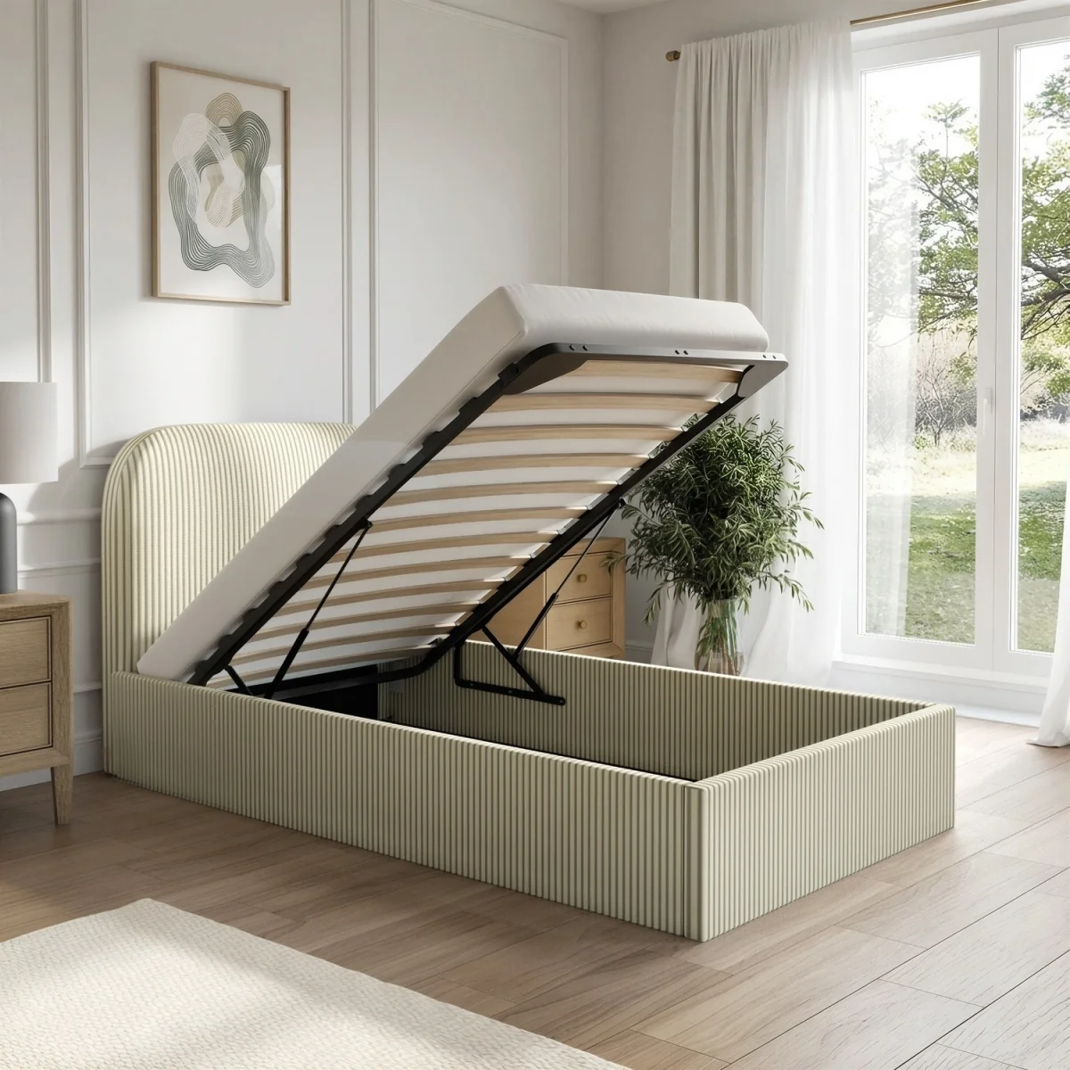 Cream and Green Striped Single Ottoman Bed With Curved Headboard - Zara – image 2