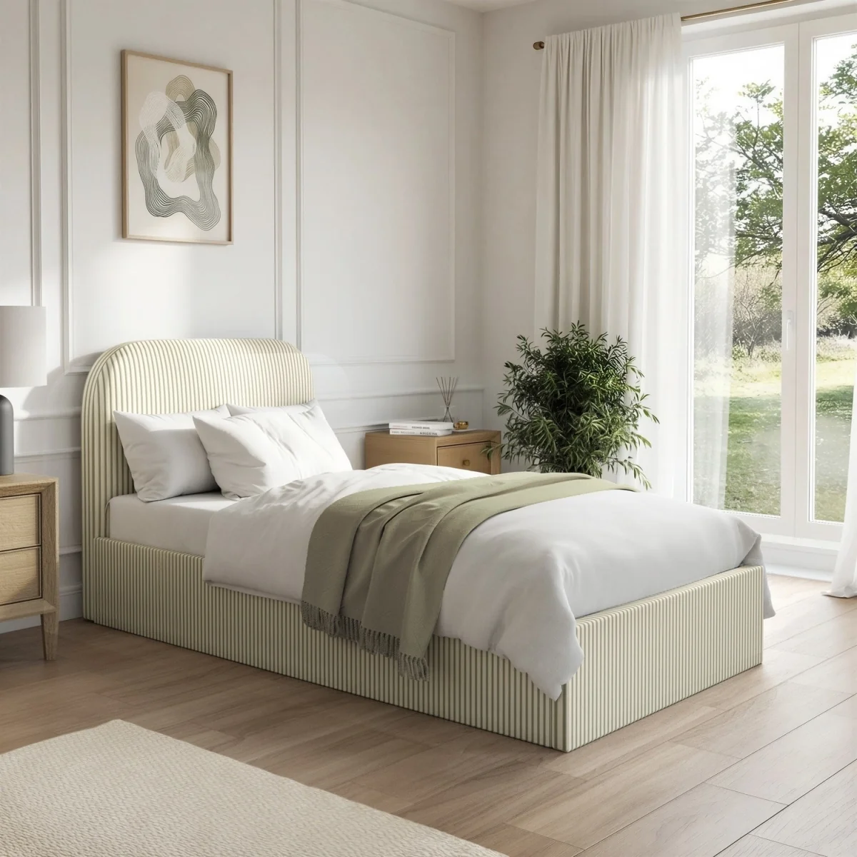 Cream and Green Striped Single Ottoman Bed With Curved Headboard - Zara – image 1