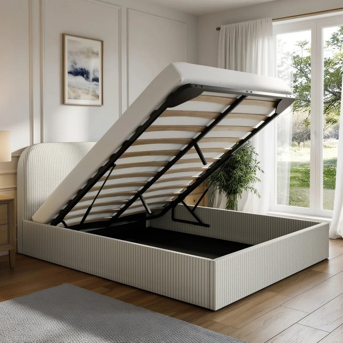 Cream and Grey Striped King Size Ottoman Bed With Curved Headboard - Zara – image 2