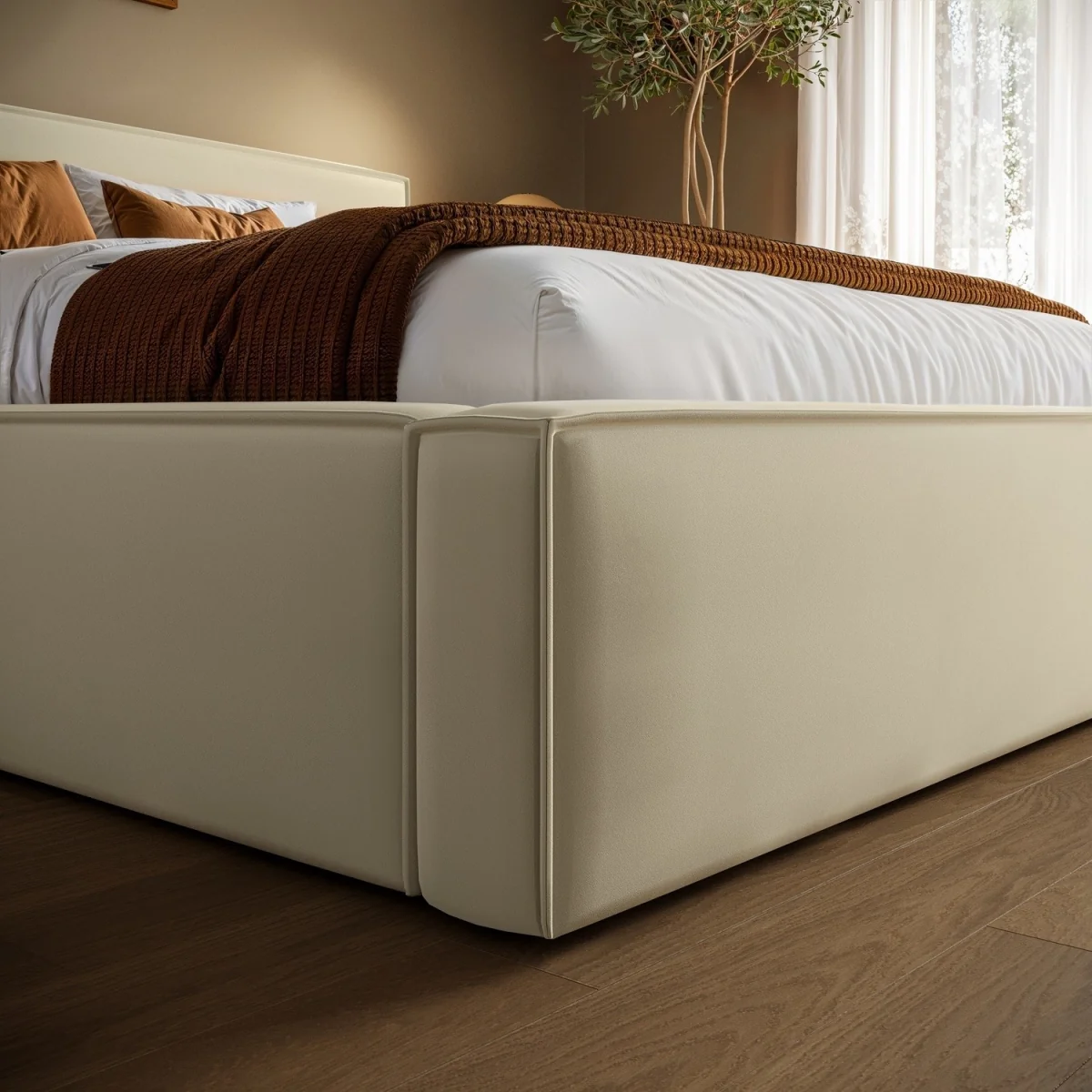 Cream Velvet King Size Low-Profile Ottoman Bed with Tailored Seam Detailing - Sereno – image 3