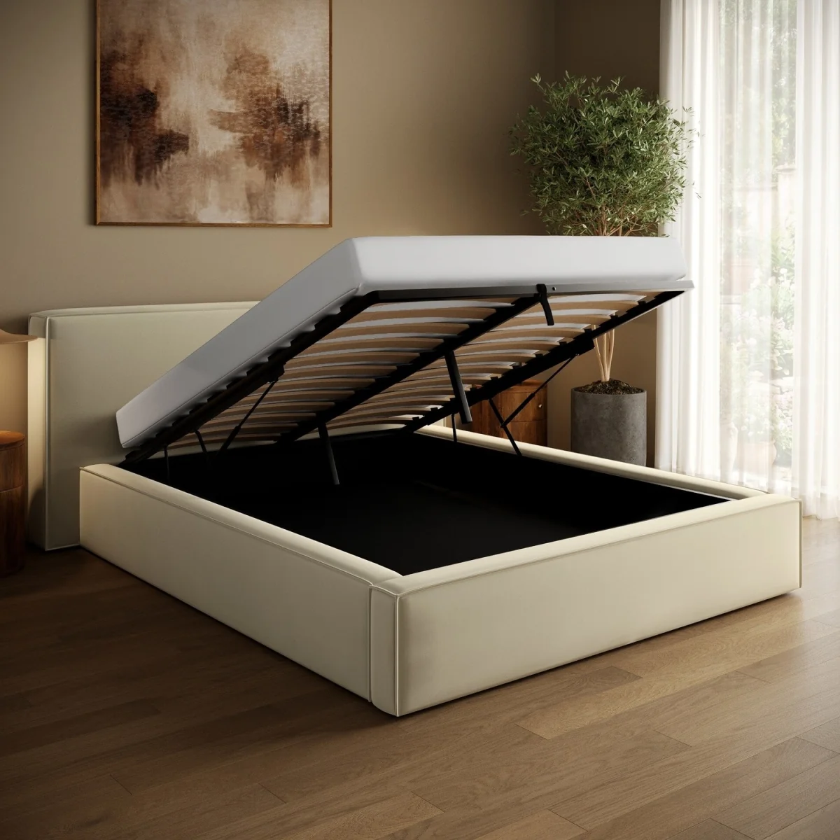 Cream Velvet King Size Low-Profile Ottoman Bed with Tailored Seam Detailing - Sereno – image 5