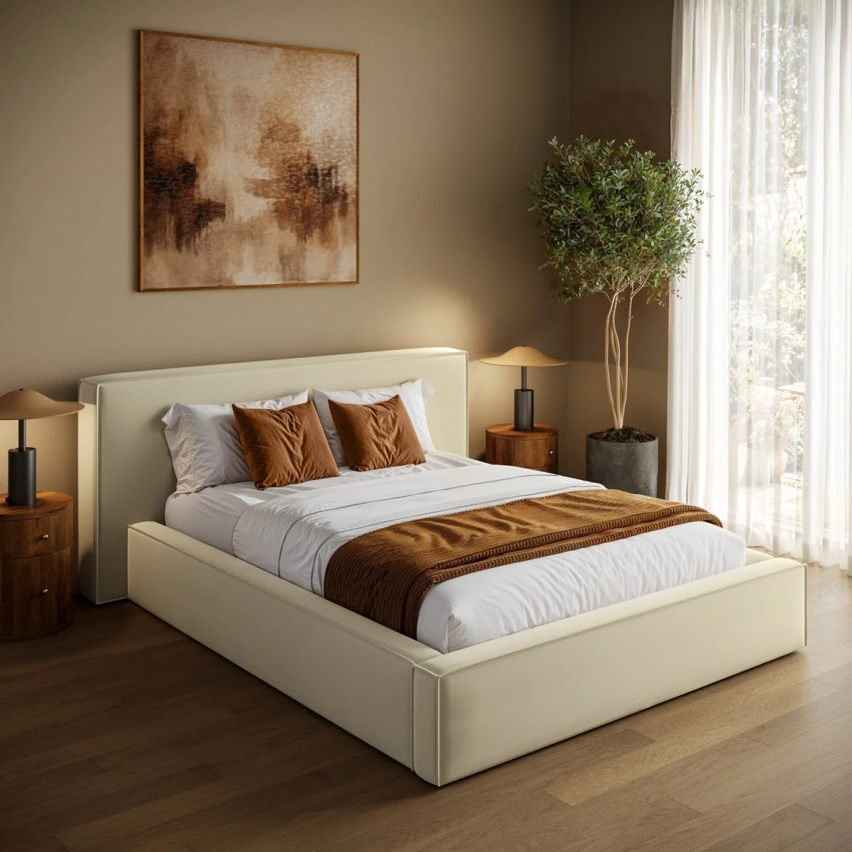 Cream Velvet King Size Low-Profile Ottoman Bed with Tailored Seam Detailing - Sereno – image 1