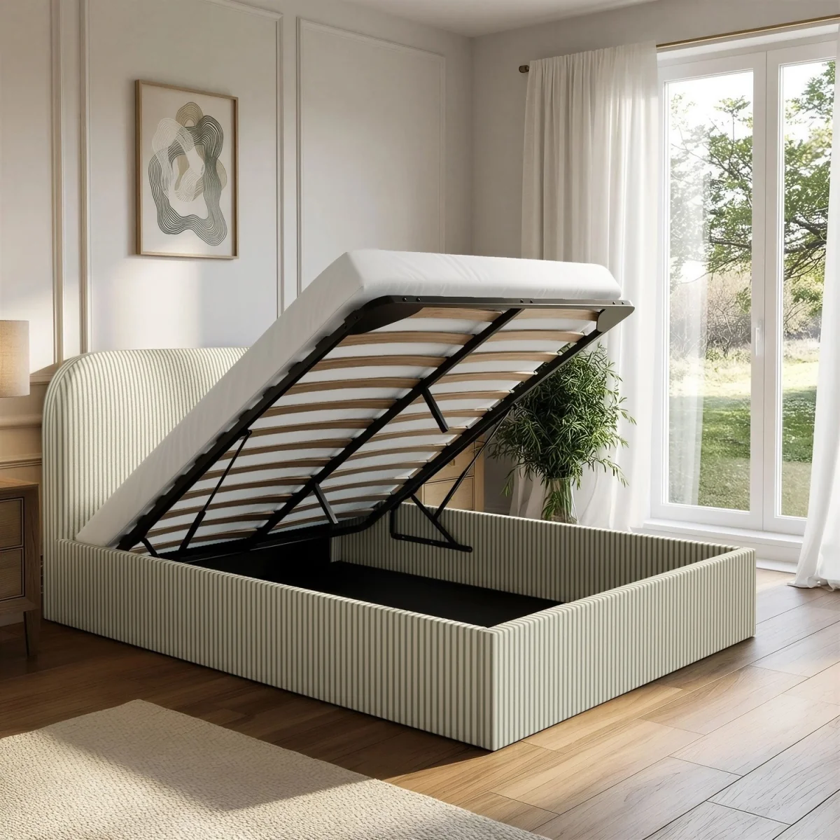 Cream and Green Striped Double Ottoman Bed With Curved Headboard - Zara – image 2