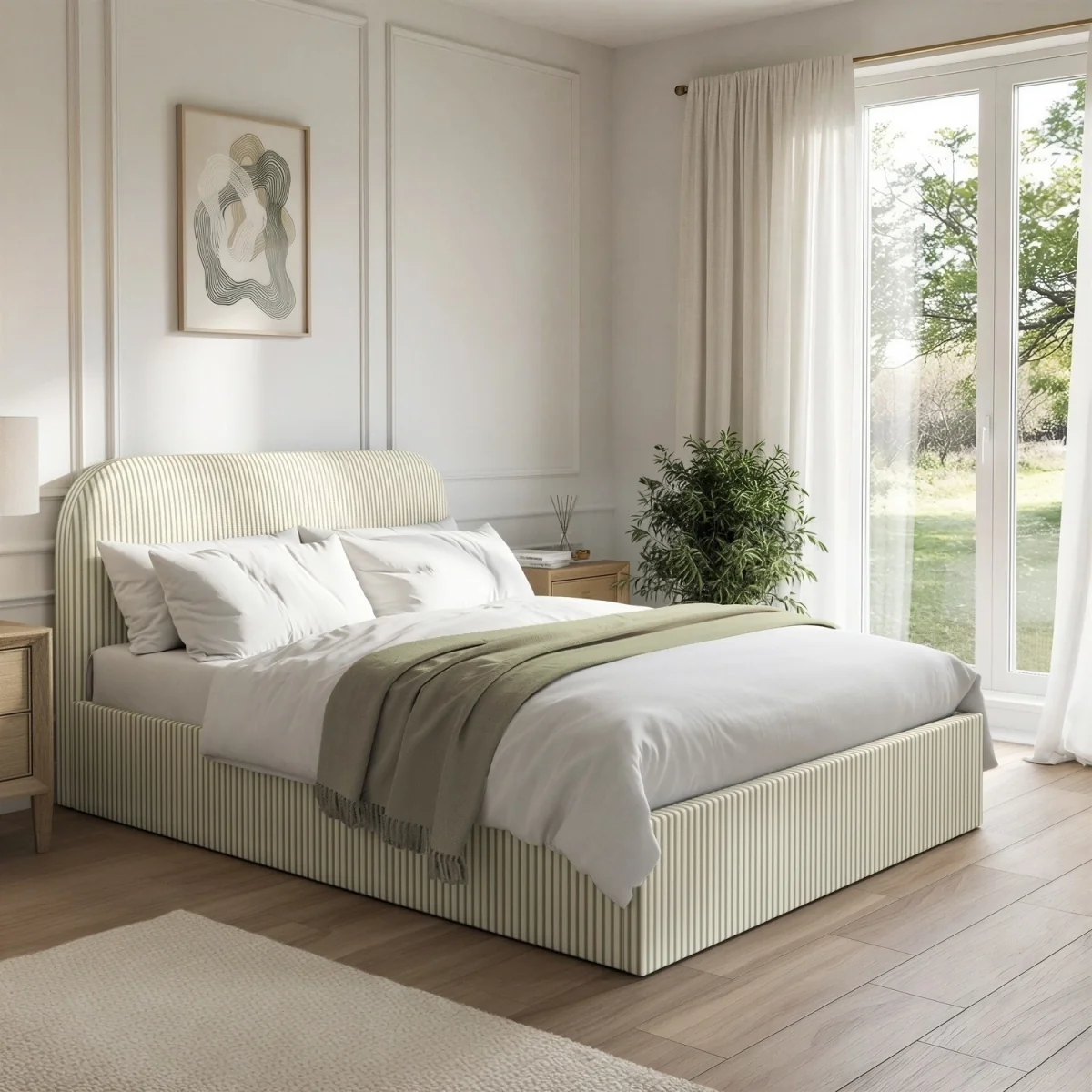 Cream and Green Striped Double Ottoman Bed With Curved Headboard - Zara – image 1