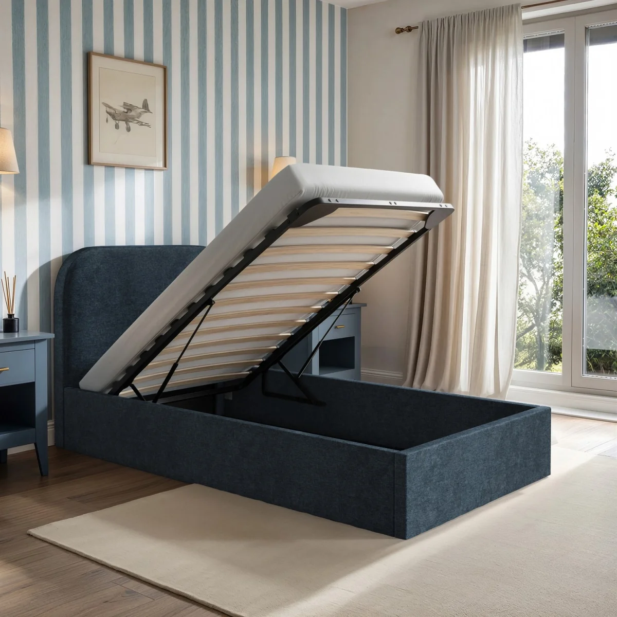 Blue Upholstered Single Ottoman Bed with Curved Headboard - Zara – image 2