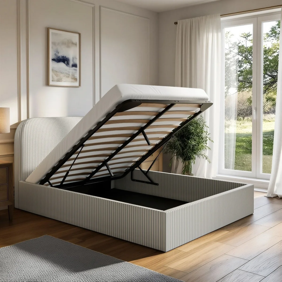 Cream and Grey Striped Double Ottoman Bed With Curved Headboard - Zara – image 2