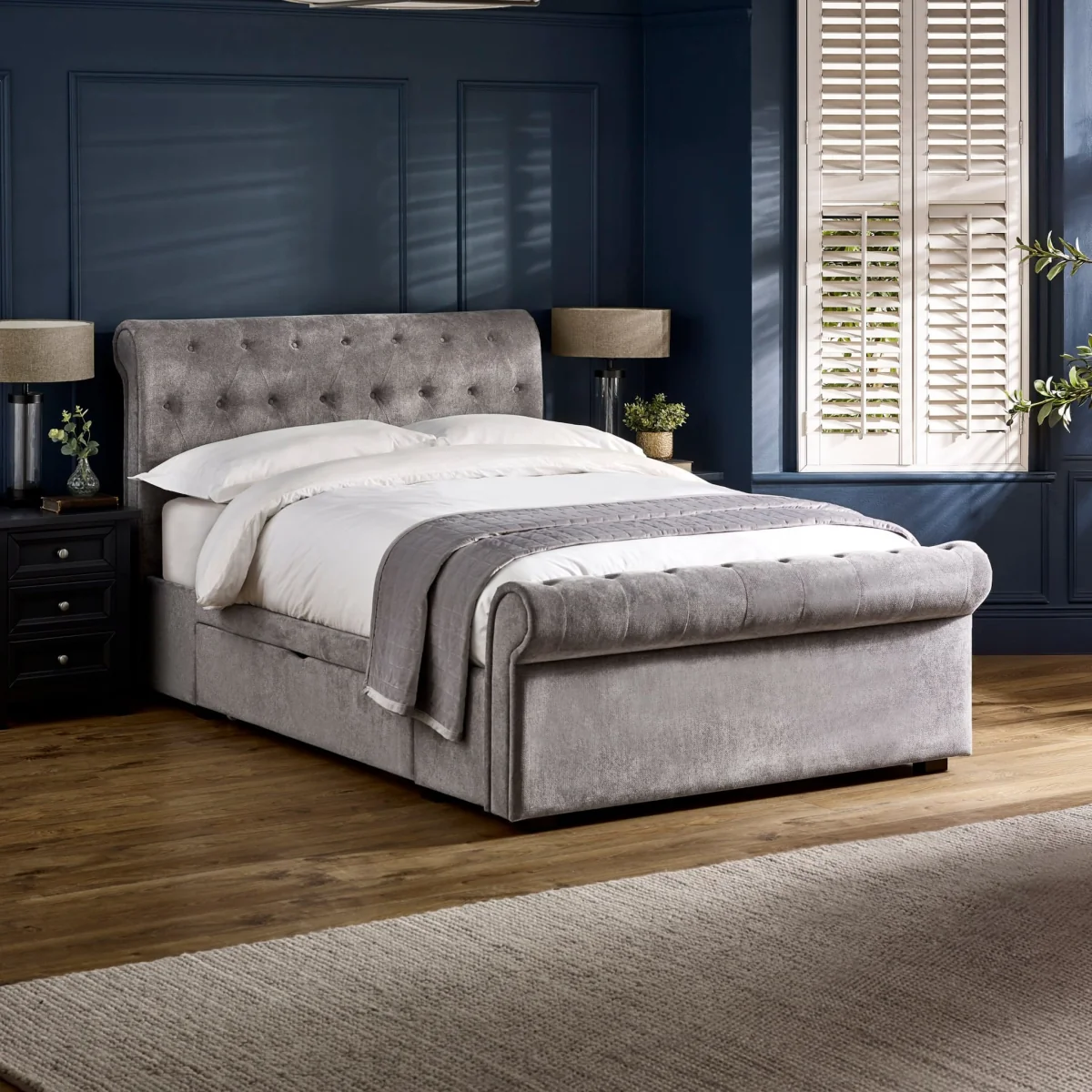 Ravello - King Size - 2-Drawer Storage Scroll Bed - Grey - Fabric - 5ft - Happy Beds