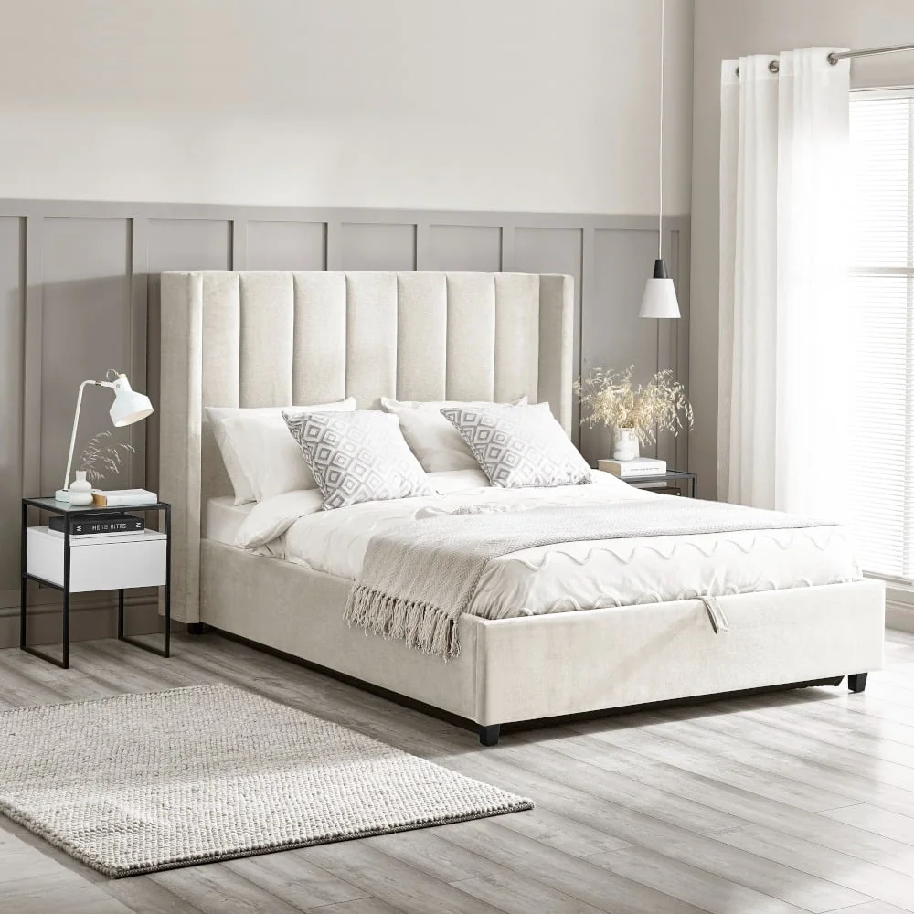 Taylor - King Size - Winged Ottoman Storage Bed - Off-White - Fabric - 5ft