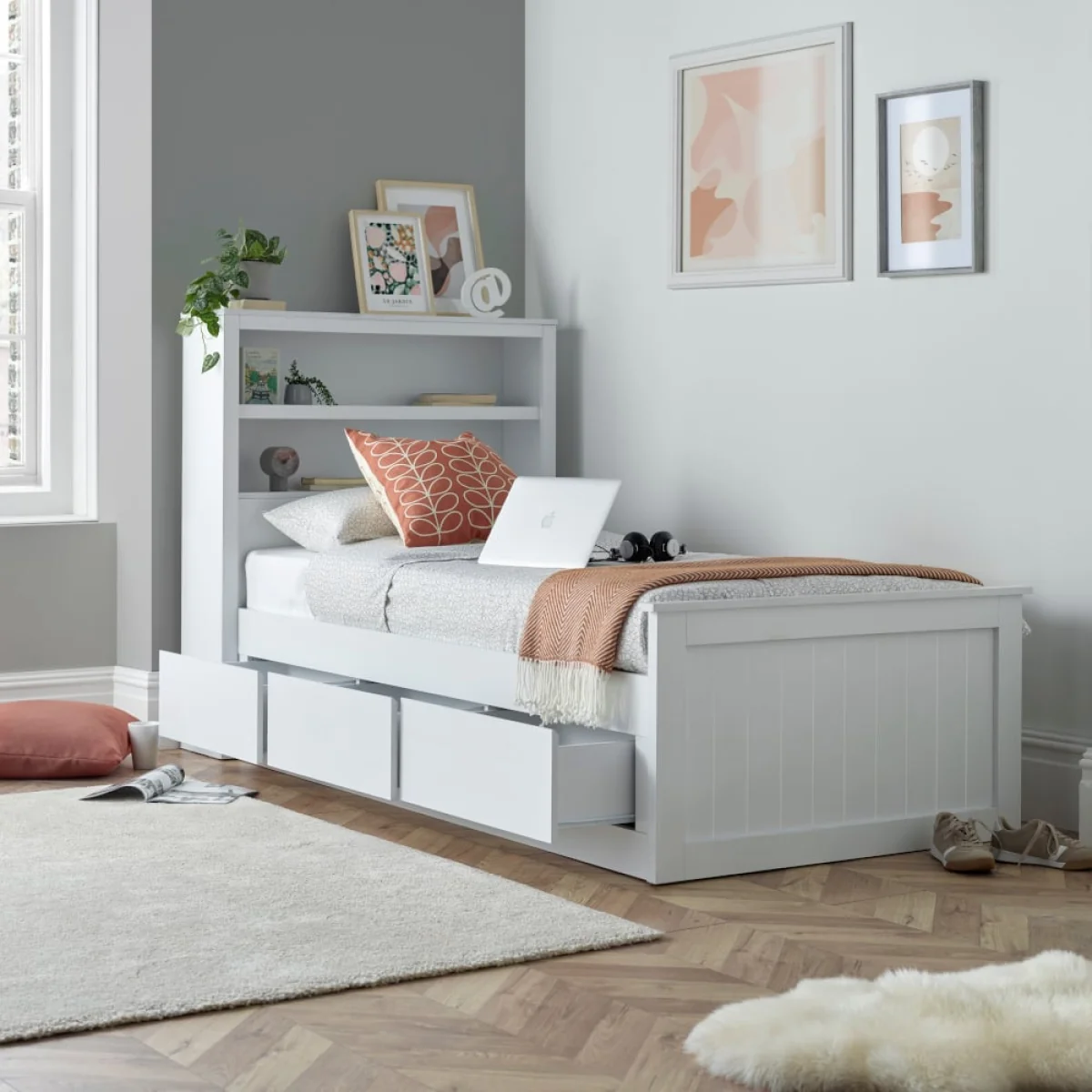 Enzo - Single – Bookcase 3 Drawer Storage Bed - White - Wood - 3ft