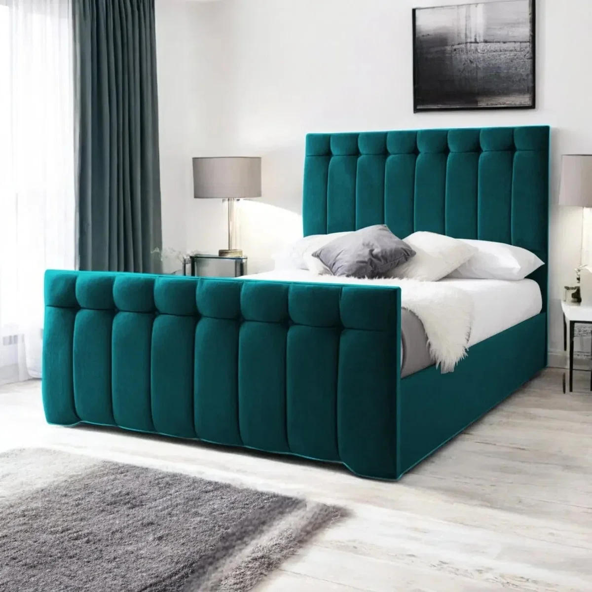 Tenby Upholstered Bed Frame, Teal Velvet / Single 3ft - 90x190cm / End Lift Ottoman
