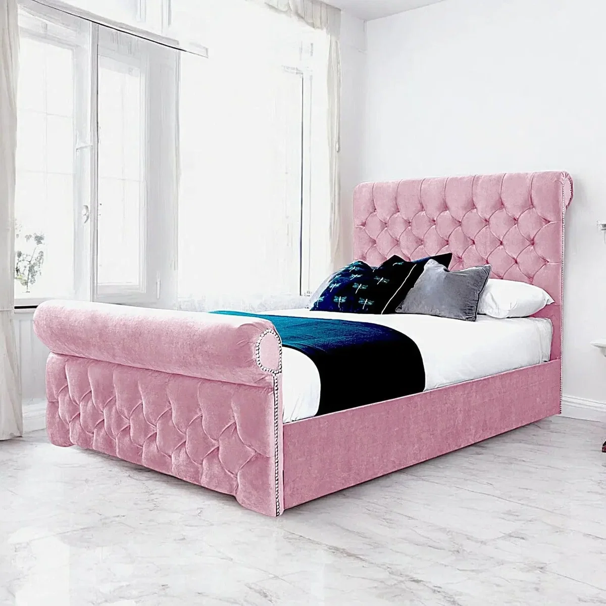 Solva Upholstered Bed Frame, Pink Blush Velvet / Single 3ft - 90x190cm / End Lift Ottoman