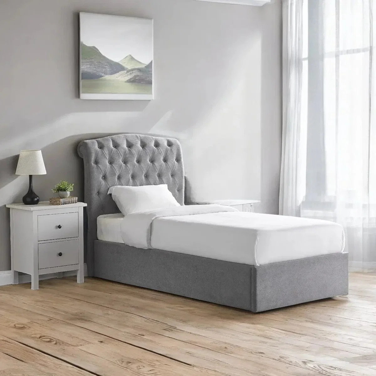 Gawsworth Upholstered Ottoman Storage Bed Frame, Light Grey / Single 3ft - 90x190cm