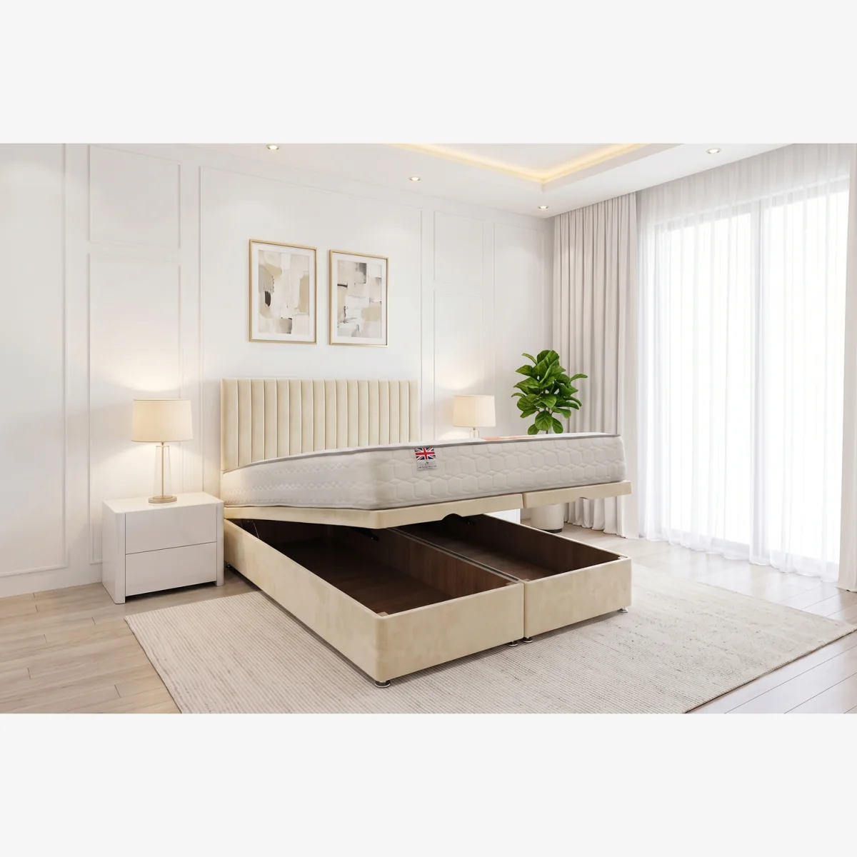 Emily Ottoman Bed Pink Plush 6FT With Mattress & 24"Headboard - Super King - Cream / Double – image 1