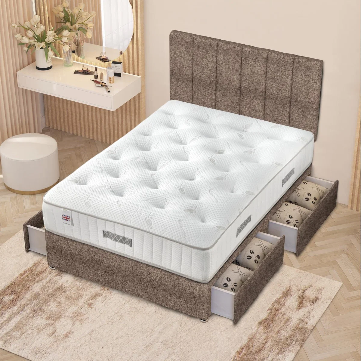 Austin Tweed Fabric Orthopaedic Divan Storage Bed Hybrid Mattress 32" Headboard - Coffee / King / 4 Drawers