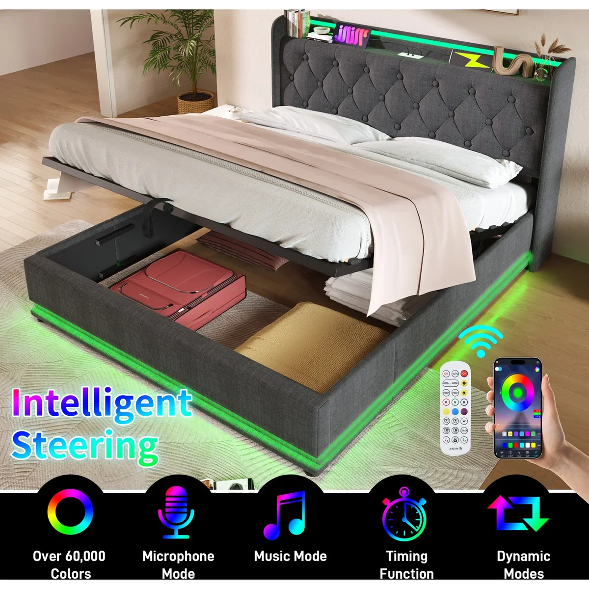 Upholstered King Ottoman Bed with LED Lighting and Storage - Grey – image 2