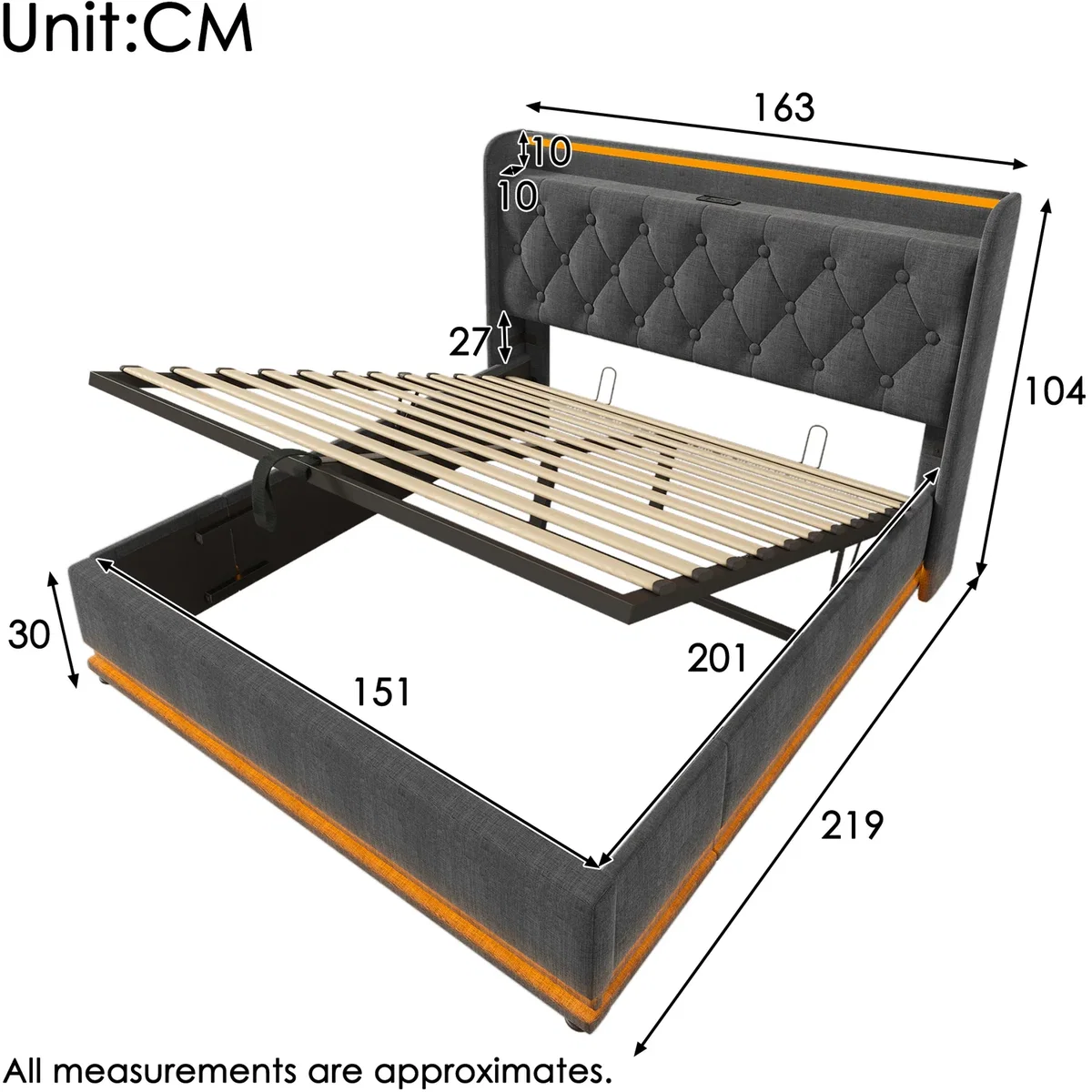 Upholstered King Ottoman Bed with LED Lighting and Storage - Grey – image 3