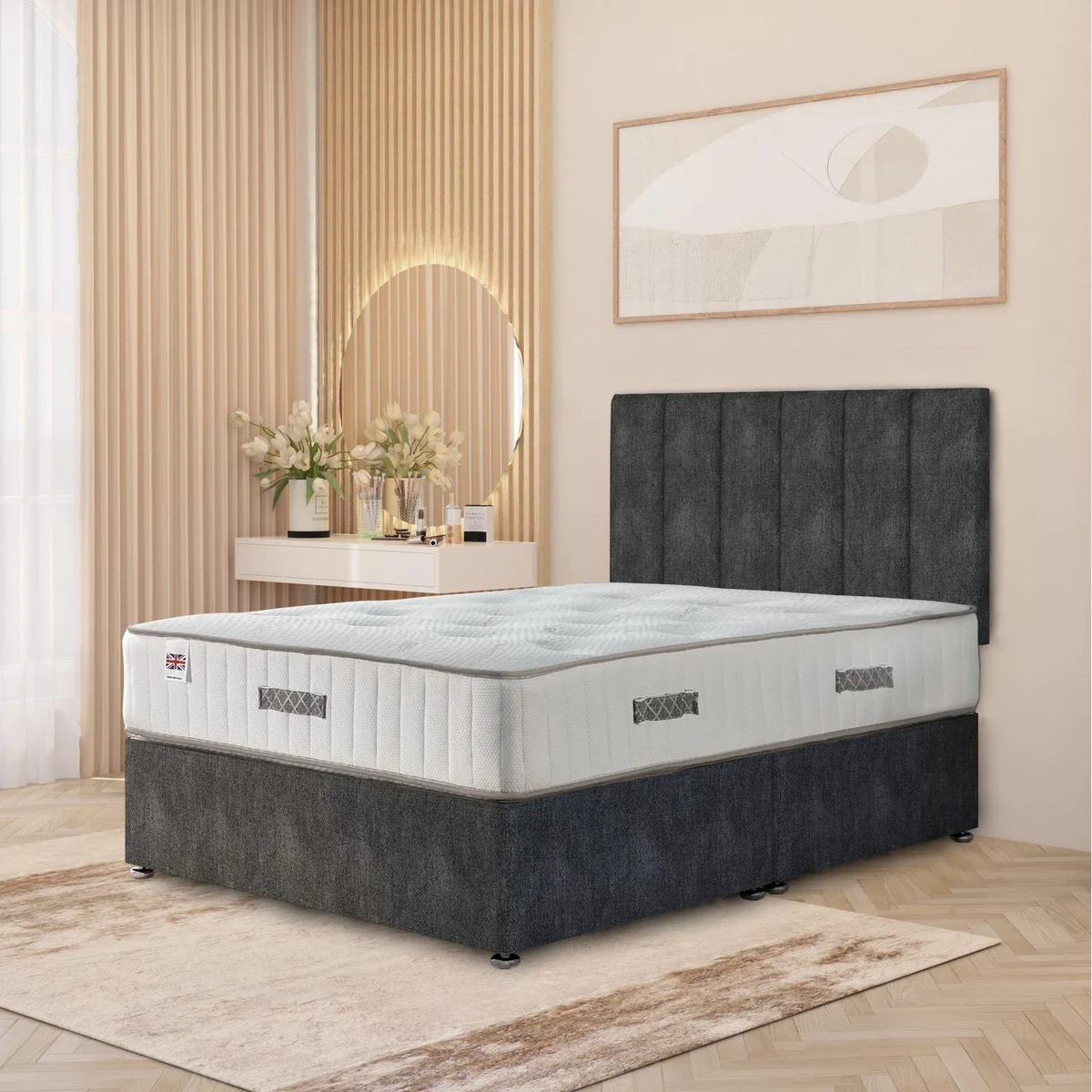 Austin Tweed Fabric Orthopaedic Divan Storage Bed Hybrid Mattress 32" Headboard - Charcoal / King / No Drawers