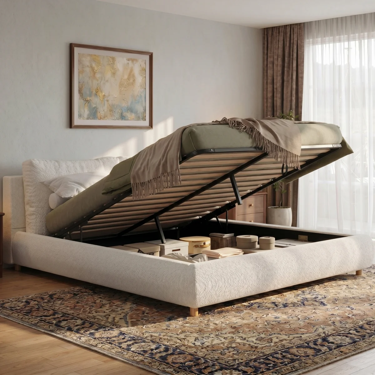 Bouclé Ottoman Storage Bed with Cushions - White – image 1