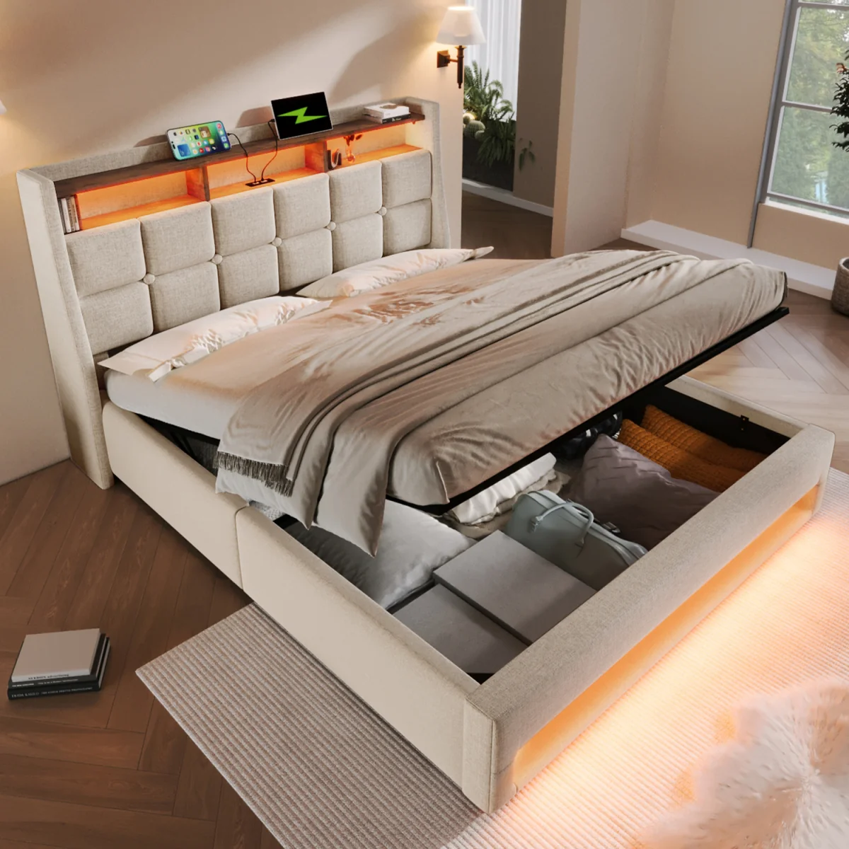 Double Linen Storage Bed with LED, USB-C & Headboard, Cream - Cream – image 1