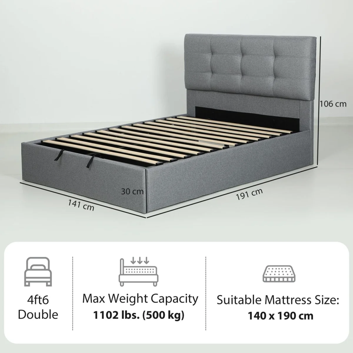 Sutto 4FT6 Double Ottoman Bed with Gas-Lift Storage, Grey – image 2