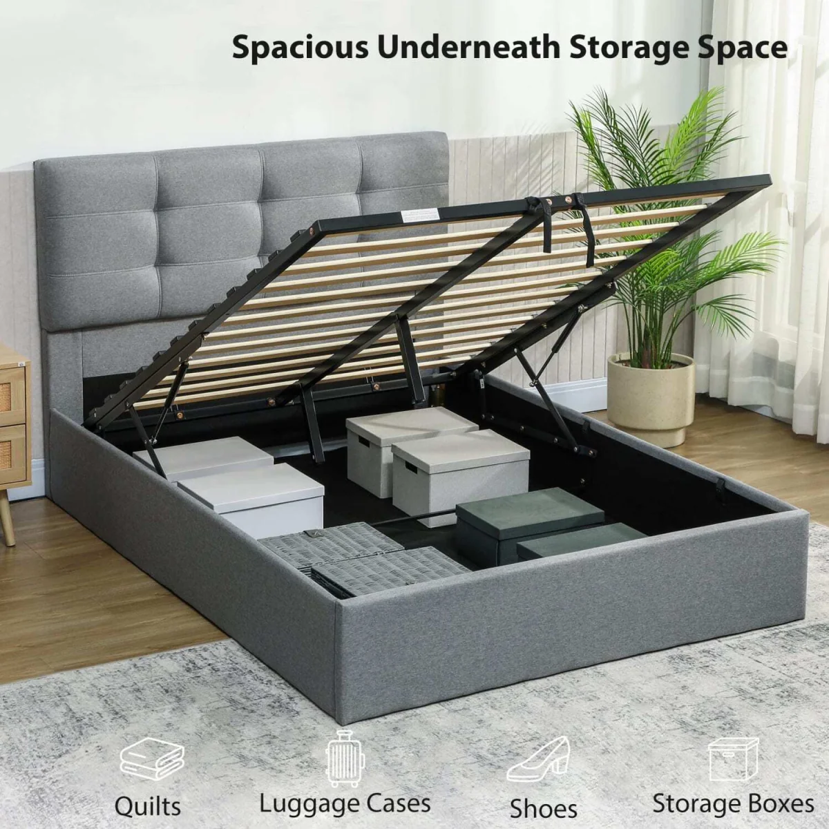 Sutto 4FT6 Double Ottoman Bed with Gas-Lift Storage, Grey – image 5