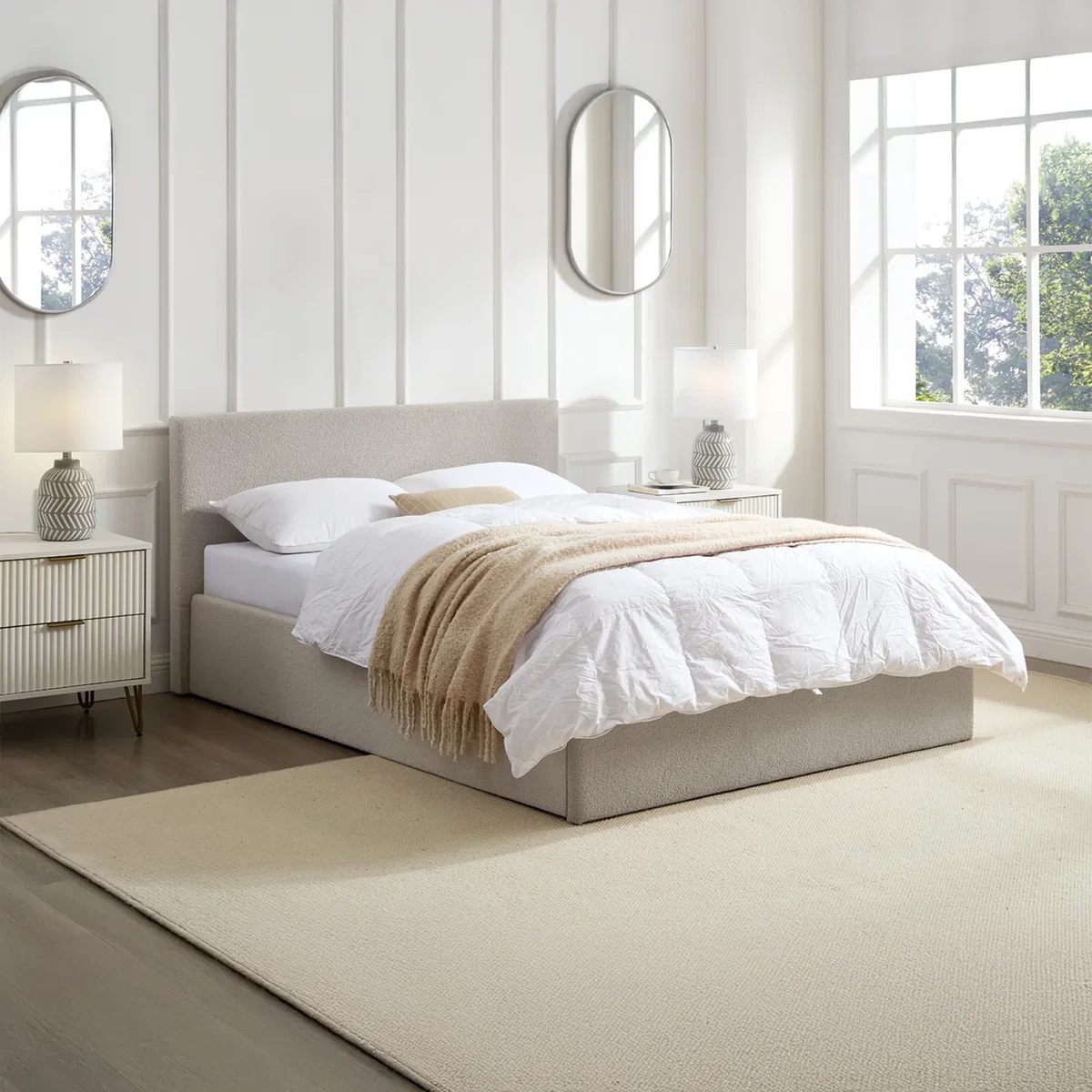 TEDDY BOUCLE 5FT Kingsize Ottoman Bed Beige Frame + Sprung Mattress - Boucle Beige – image 2