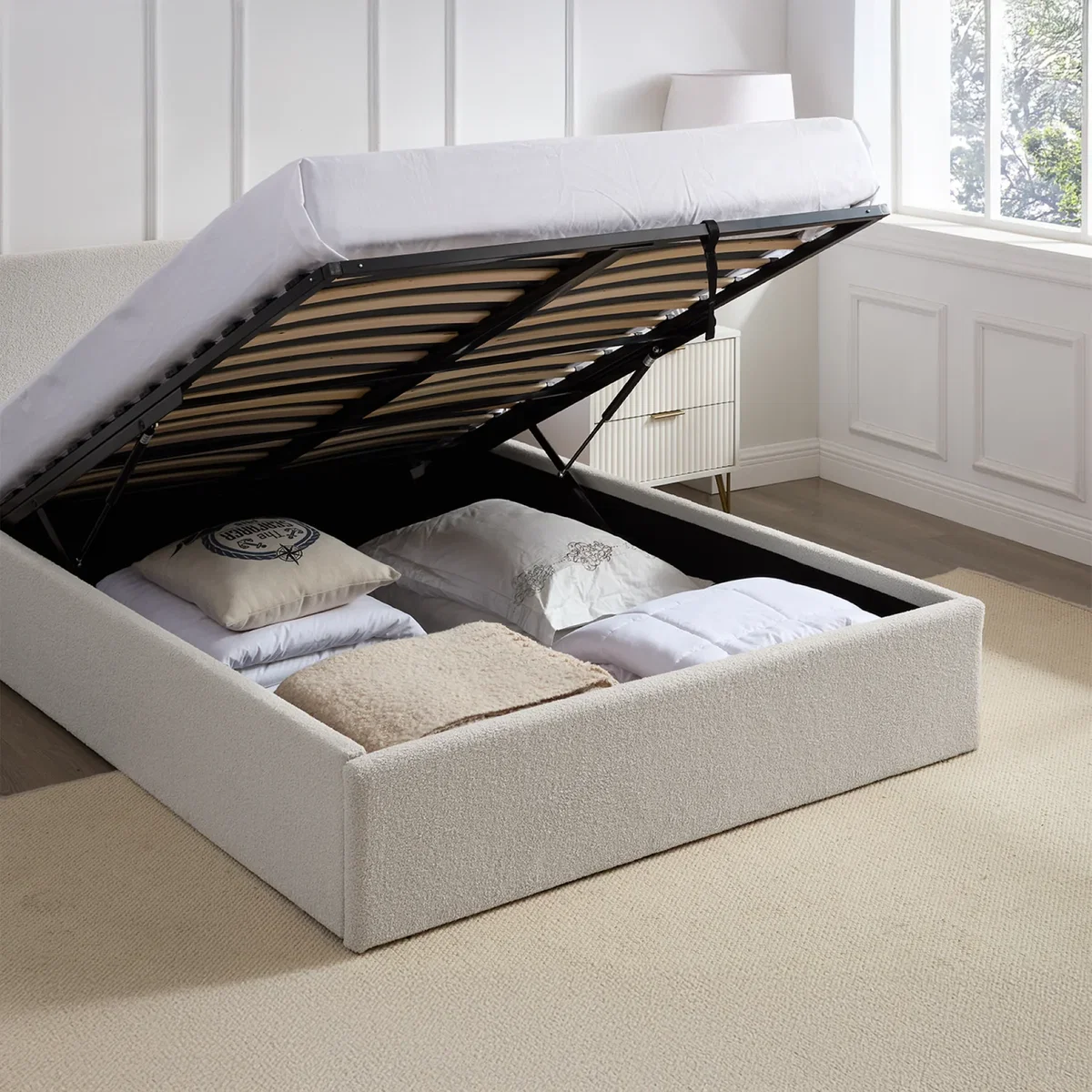 TEDDY BOUCLE 5FT Kingsize Ottoman Bed Beige Frame + Sprung Mattress - Boucle Beige – image 6