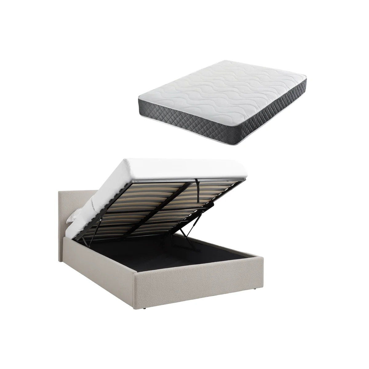 TEDDY BOUCLE 3FT Single Ottoman Storage Bed Boucle Beige +Spring & Foam Mattress - Boucle Beige – image 1