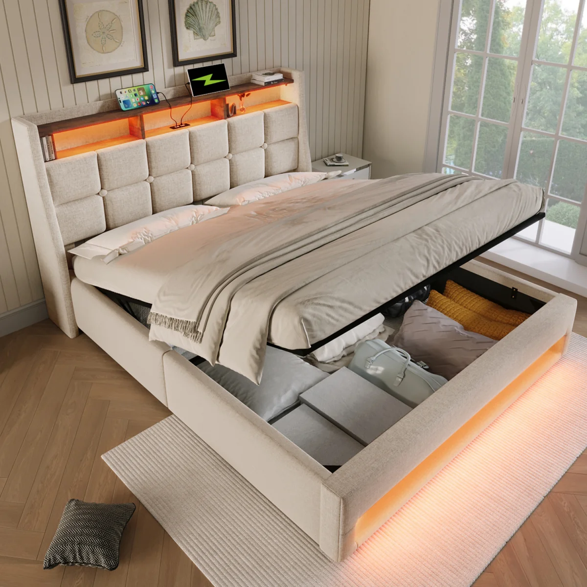 Linen Storage Bed with LED, USB-C & Headboard - Cream – image 1
