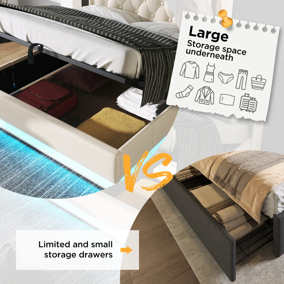 PU Upholstered King Ottoman Bed with LED Lighting and Storage - White – image 2