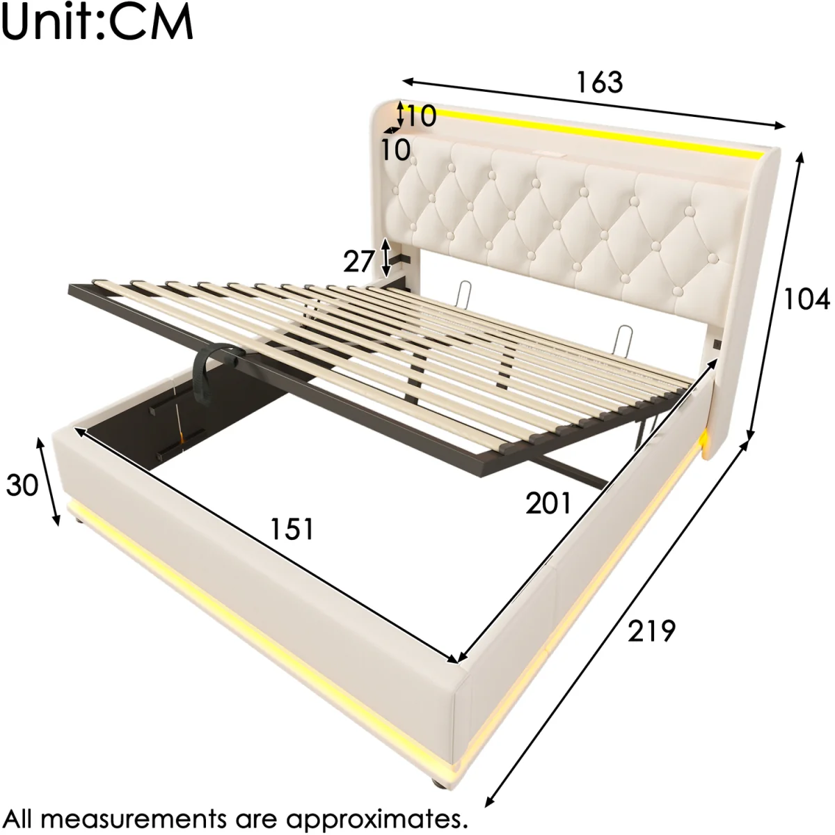 PU Upholstered King Ottoman Bed with LED Lighting and Storage - White – image 3