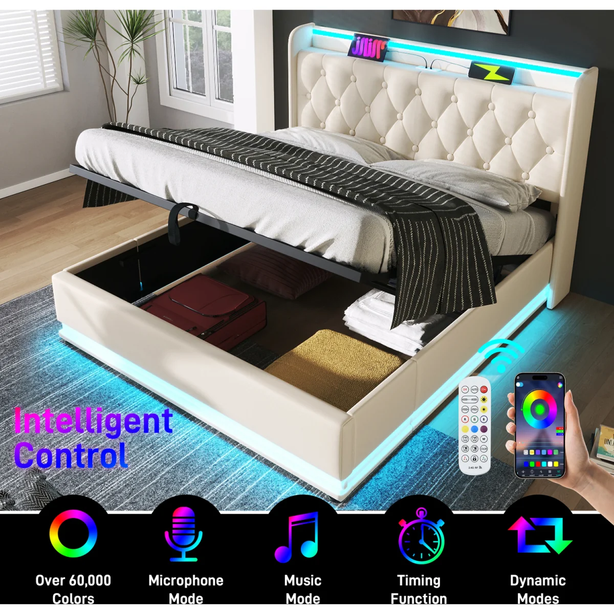 PU Upholstered King Ottoman Bed with LED Lighting and Storage - White – image 4