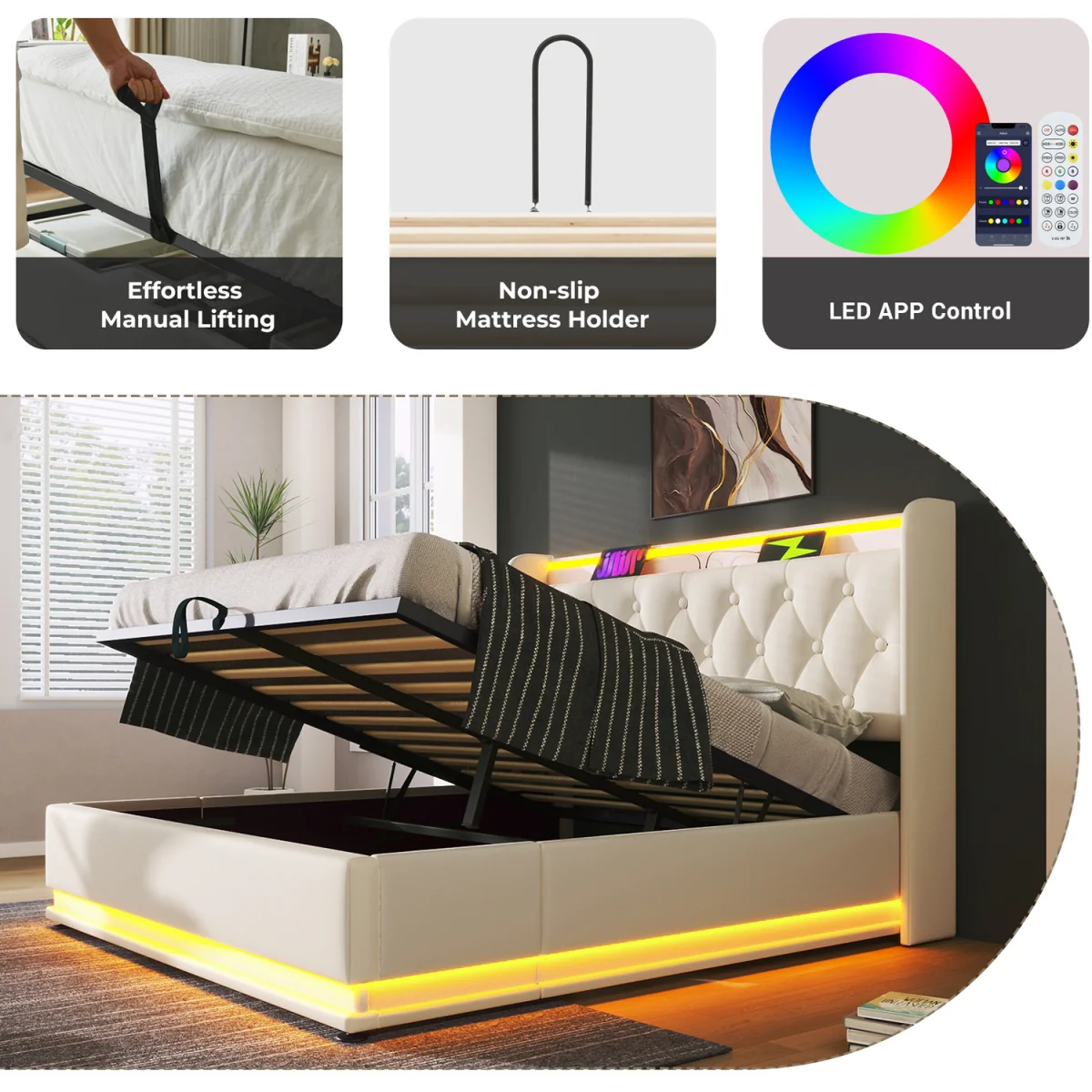 PU Upholstered King Ottoman Bed with LED Lighting and Storage - White – image 5