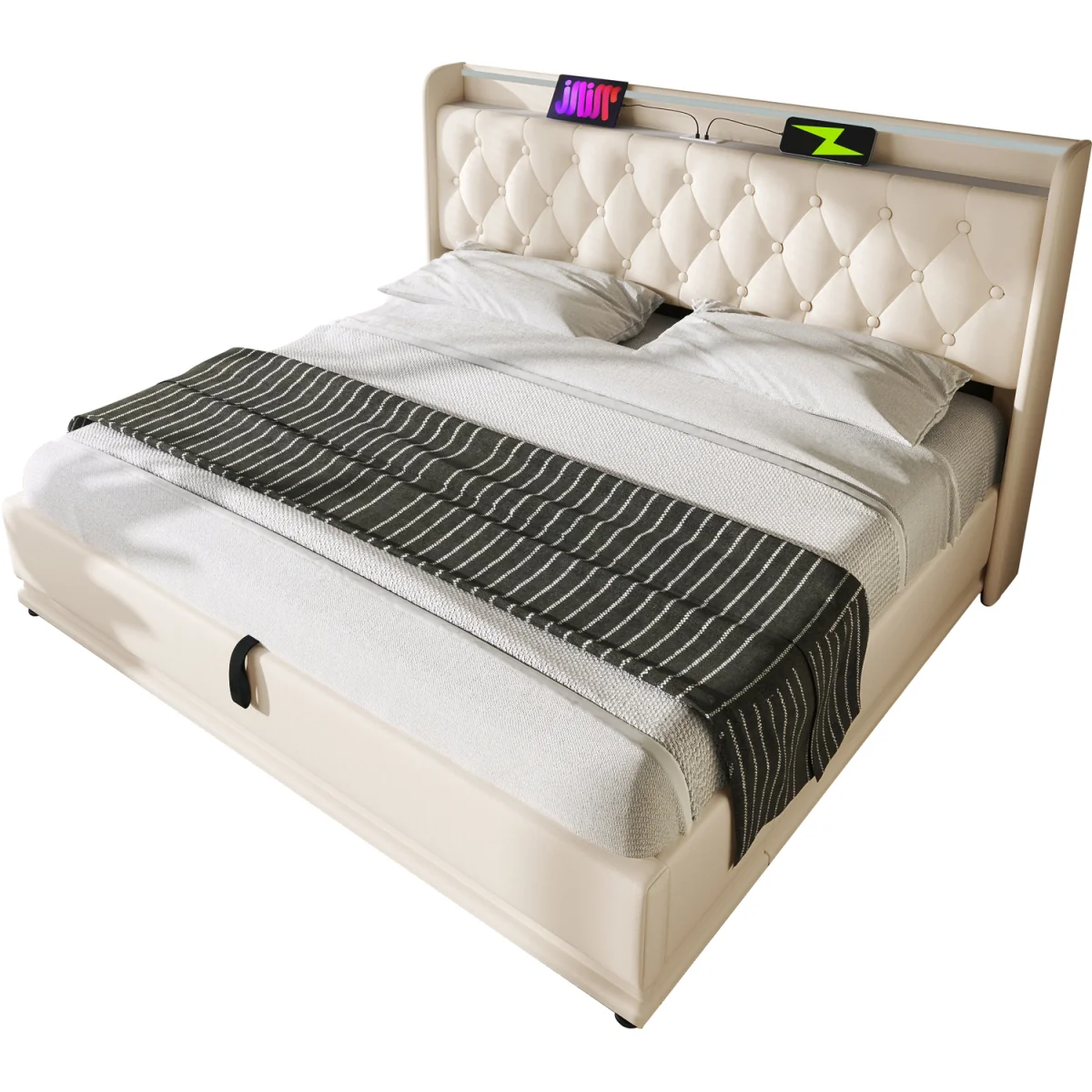 PU Upholstered King Ottoman Bed with LED Lighting and Storage - White – image 6