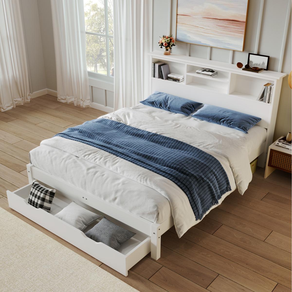 Double Storage Bed with Bookcase Headboard Underbed Drawer Frame Only - White