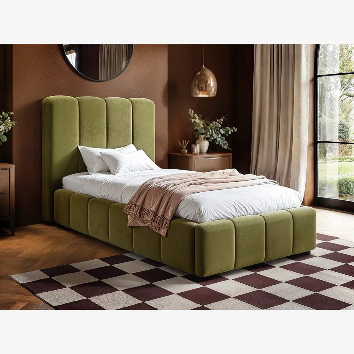Emilie Ribbed Single Ottoman Bed - Green