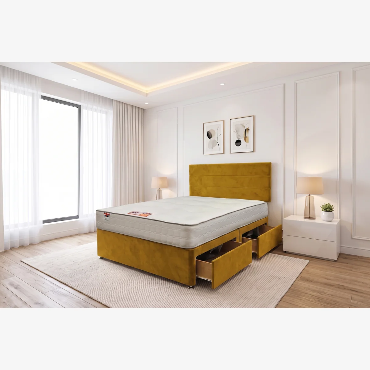 York Mustard Plush 4FT6 Princess Sprung Divan Storage Bed with 4 Drawers & Headboard - Double - Mustard / Superking – image 1