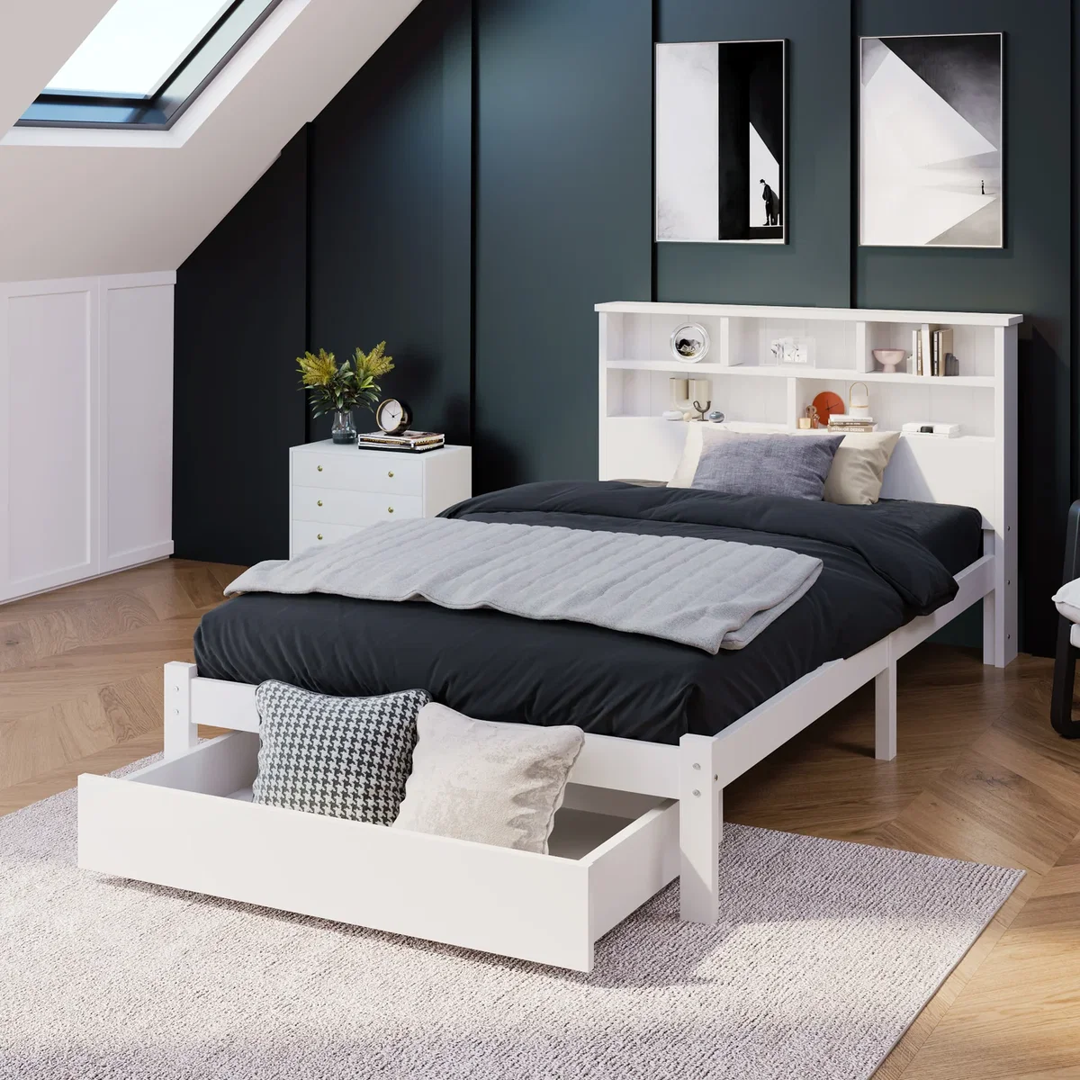 White Wooden Storage Bed with Shelves and Underbed Drawer - White – image 1