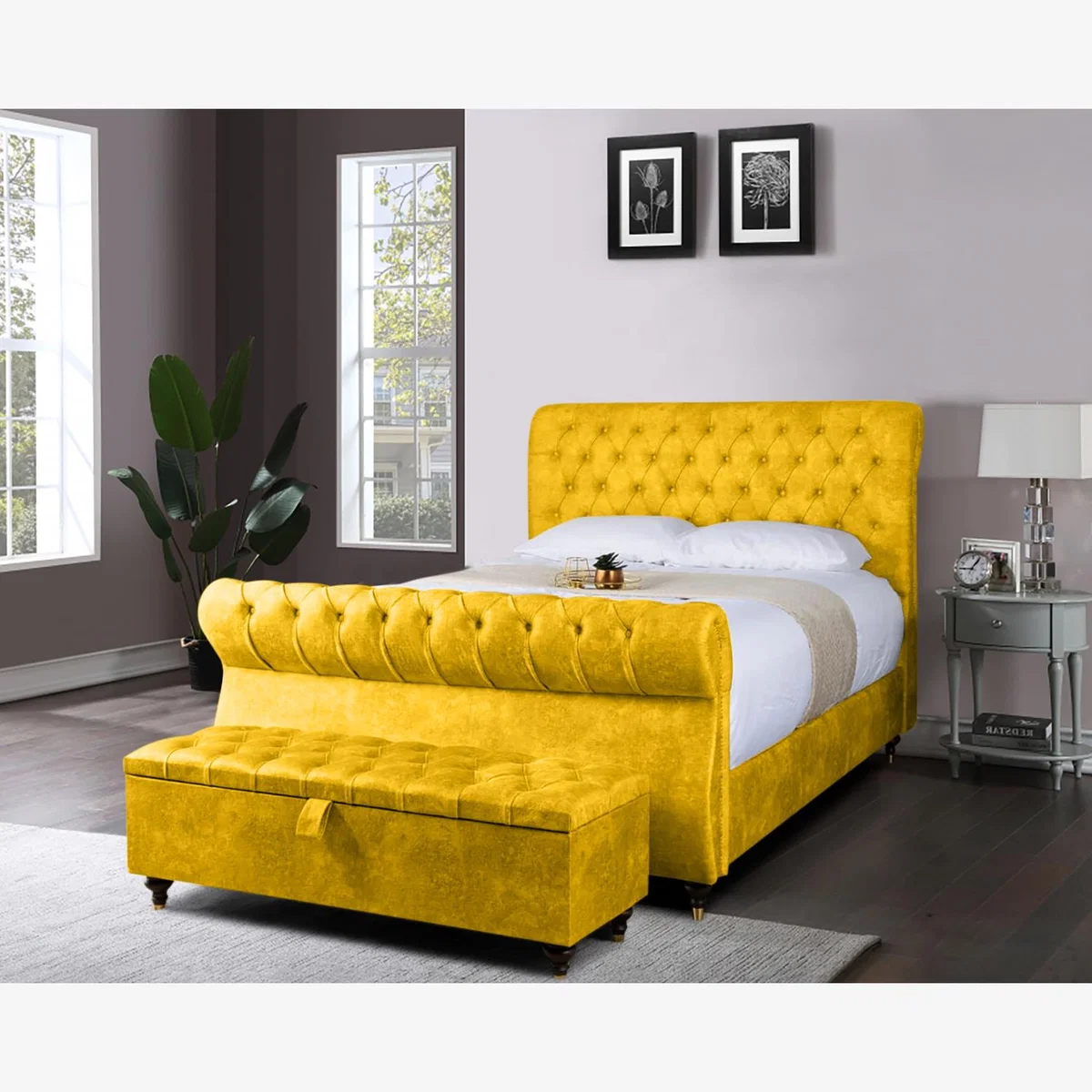 Serra and Ottoman Plush Velvet Bed Frame - Mustard / Double
