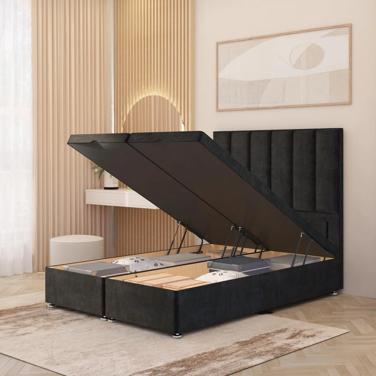 Austin Plush Velvet Ottoman Divan Bed End Opening with Floor Standing Headboard - Black / Double