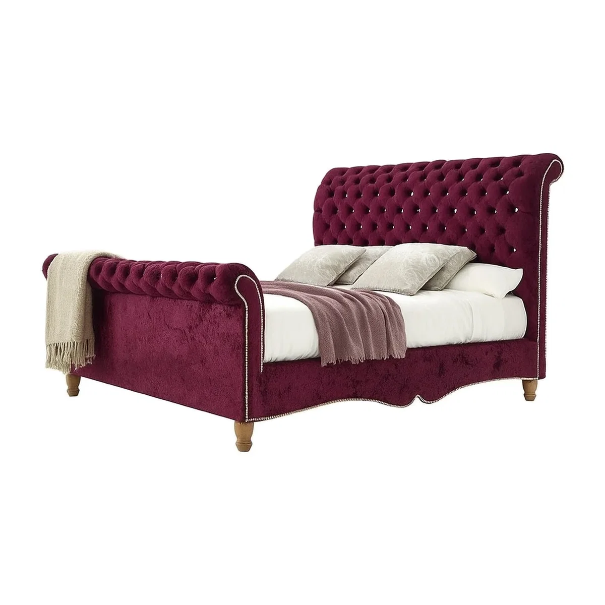 Royal Touch Velvet Upholstered Ottoman Bed - Maroon / King / wood – image 1